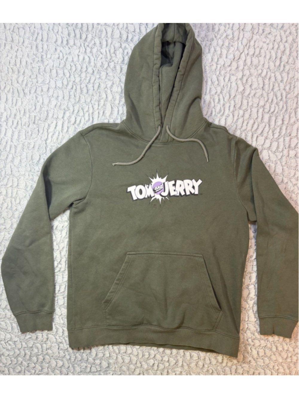 Tom and Jerry Men's Green Graphic Print Pullover Fleece Hoodie Pockets M